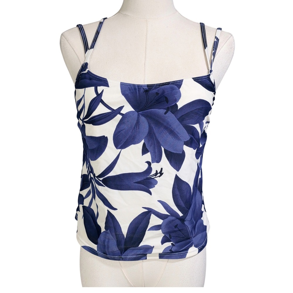 La Blanca Floral Tankini Swim Top Womens 12 Blue White Lily Print